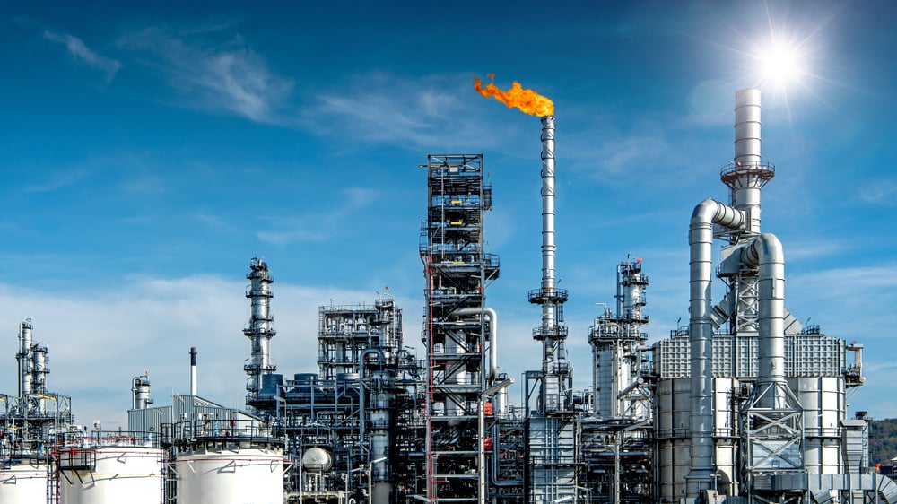 Active oil and gas refinery scene close up