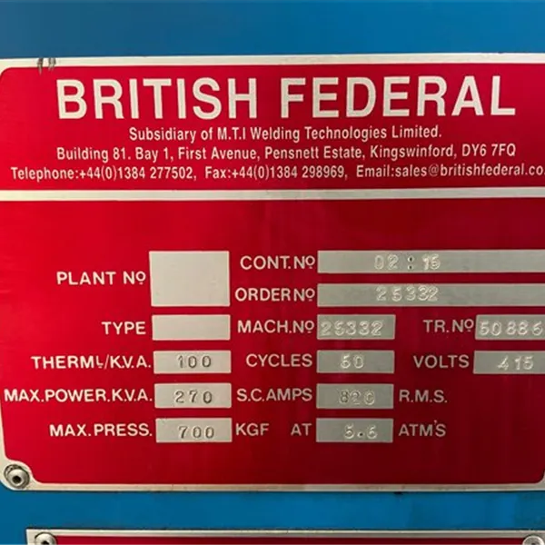 British Federal 100 kVA projection Spot welder max power 270kva