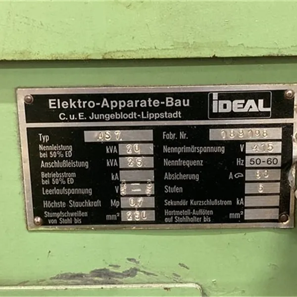Ideal Werk Resistance Flash Butt Welder, Model AS7 25KVA