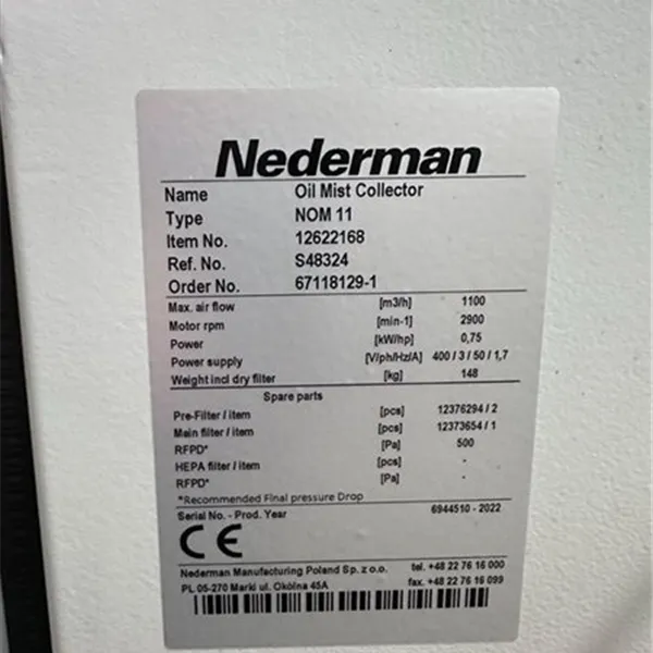 Nederman Oil Mist Extraction unit Collector