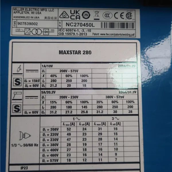 Miller Maxstar 280 DC TIG Welder Input Power 1-phase or 3-phase power
