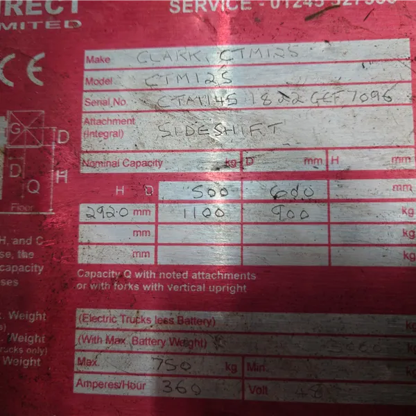 Clarke CTM 125 3 Wheel Elec Fork Lift